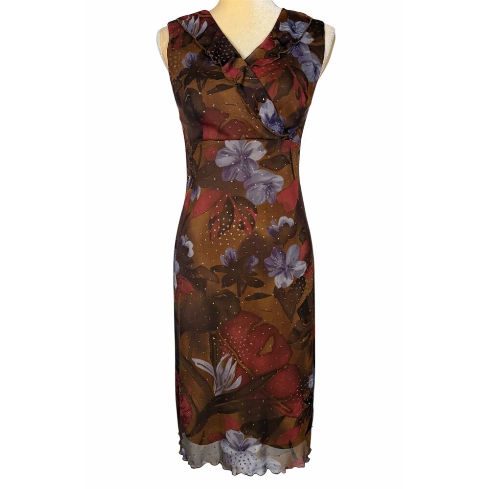 Vintage Y2K Byer Cali Brown Floral Midi Dress Size 8 Whimsigoth Fairy Grunge 90s